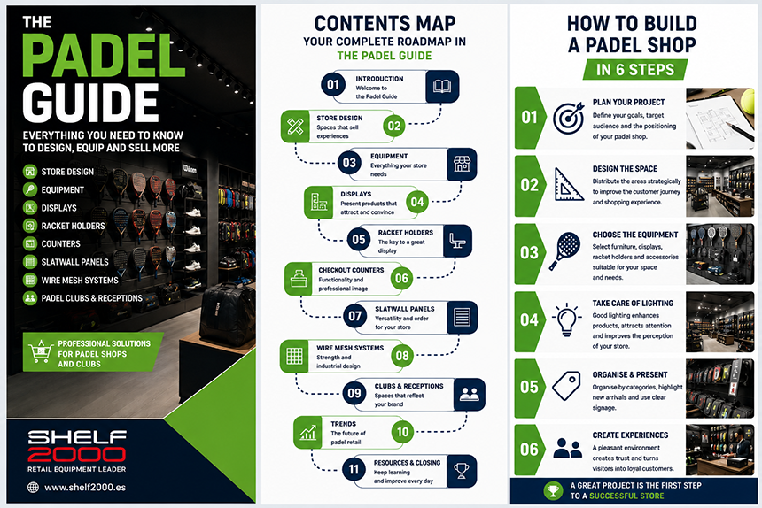 How to build a padel shop in 6 steps using professional retail equipment, displays, checkout counters and commercial furniture by Shelf2000.
